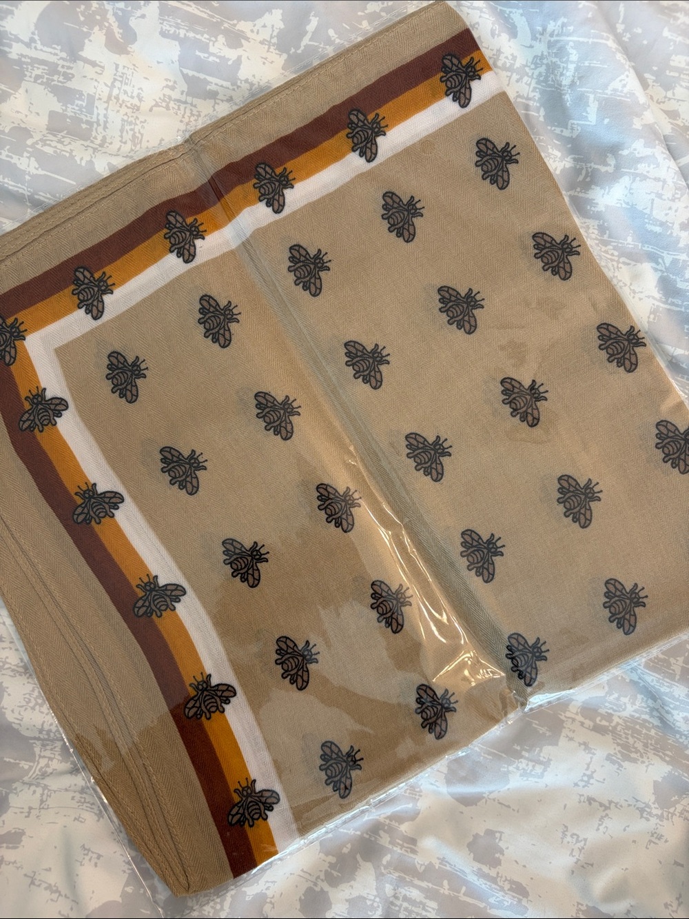 Beige Bee-Print Scarf with Striped Border